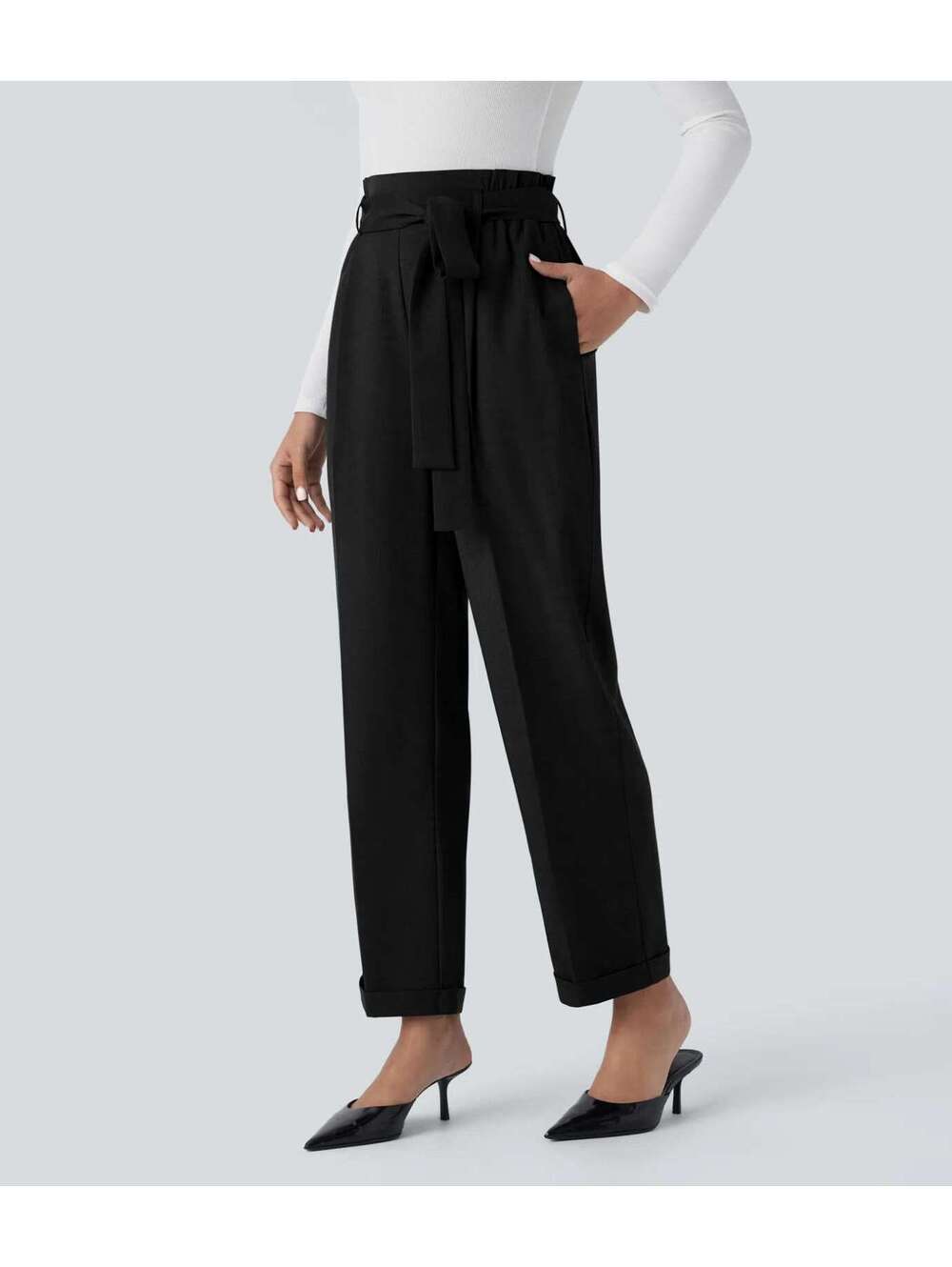 Halara High Waisted Belted Pocket Straight Leg Work Pants Black Size Large